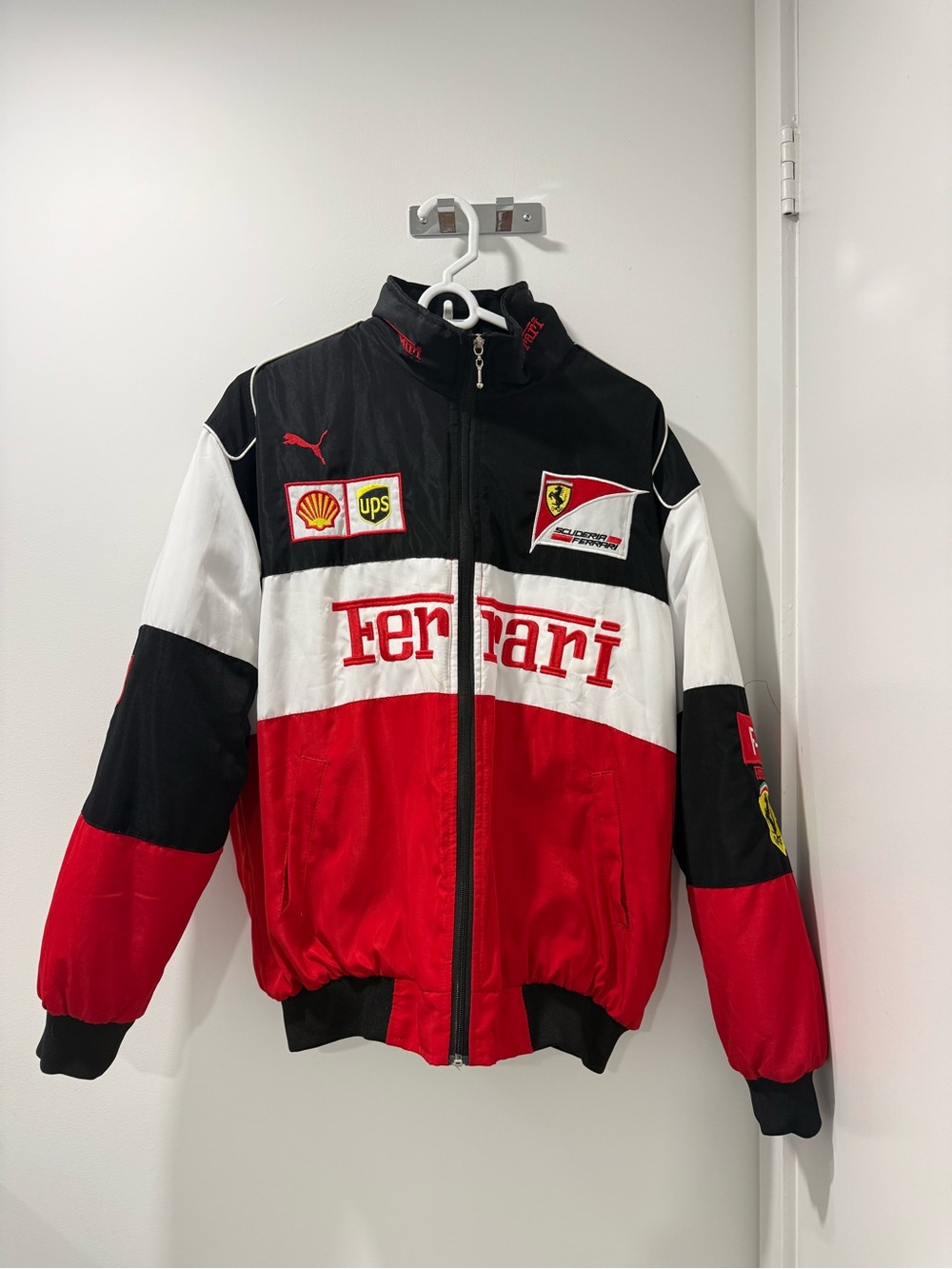 Ferrari Black White Red Colorblock Racing Bomber Jacket with Logos